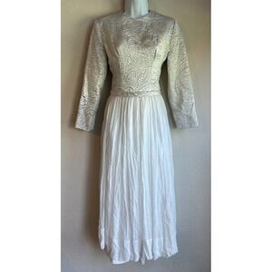 Vintage 70s Krist San Fran Metallic Silver Jacquard Silk Dress S Elegant Party
